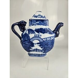 Vintage Blue Willow Style Porcelain Teapot w Lid Blue White Pagoda Scene